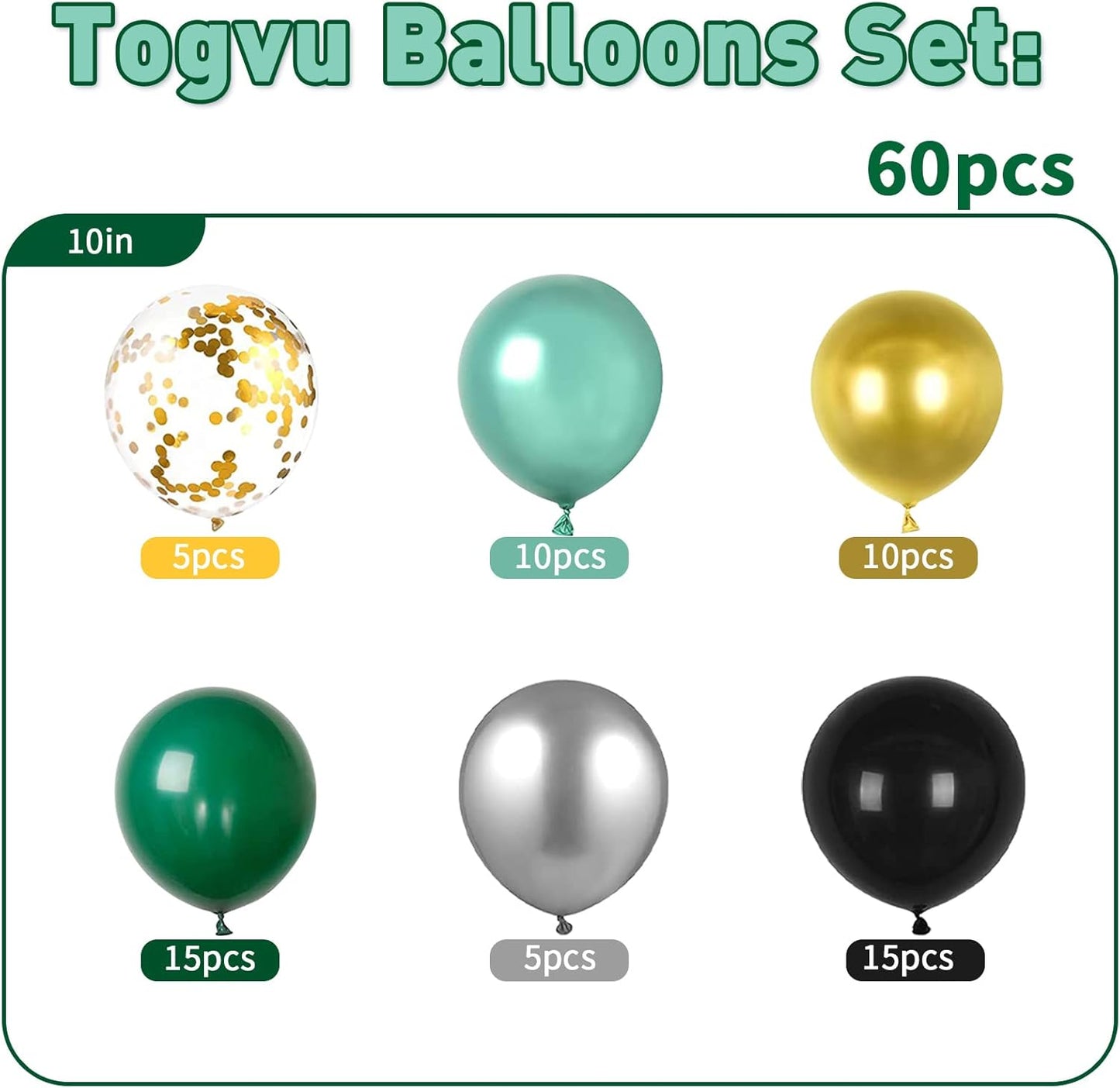 Dark Green Gold and Black balloons, 60Pcs Dark Green Black Metallic Green Silver Gold Confetti Latex Balloons for Video Game Party Balloons, Wedding, Jungle Safari Animal Theme Birthday Decoration