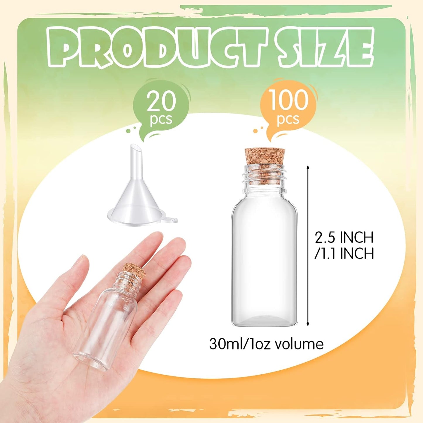 Sabary 100 Pack 1oz Plastic Potion Bottles with Cork Stoppers Mini Sand Art Bottles Tiny Cork Vial Small Jar with Funnel for Art DIY Craft, Essential Oil, Message, Wedding Party Favor