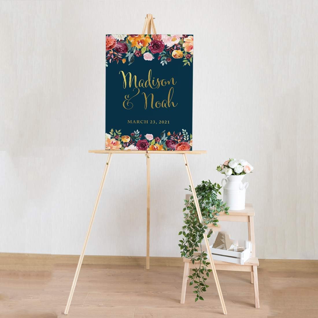 Andaz Press Personalized Extra Large Wedding Easel Board Party Sign, 12x18-inch, Fall Autumn Orange Burgundy Coral Roses on Navy Blue, Bride Groom Names and Date, 1-Pack, Custom
