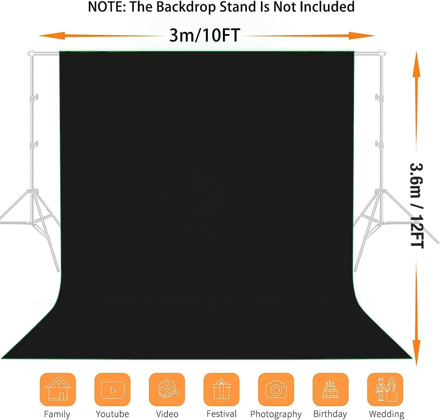 12x10 FT Black Backdrop Background, 100% Polyester Photography Backdrop Screen Foldable Washable Black Screen for Professional Photo Studio Photoshoot Portraits Party