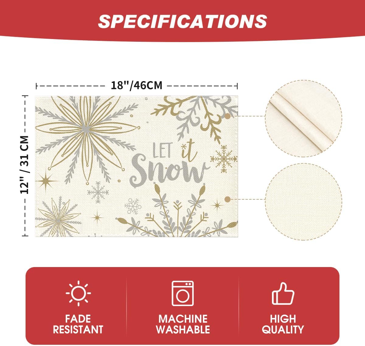 Artoid Mode Beige Snowflake Let It Snow Winter Placemats Set of 2, 12x18 Inch Seasonal Christmas Table Mats for Party Kitchen Dining Decoration