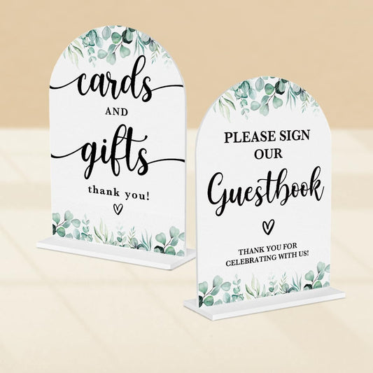 2 Pcs Acrylic Wedding Signs for Reception, Bridal Shower Decorations, Cards and Gifts Signs, Guest Book Sign, Arch Acrylic Table Top Sign with Holder for Wedding Reception (White Eucalyptus Leaves)