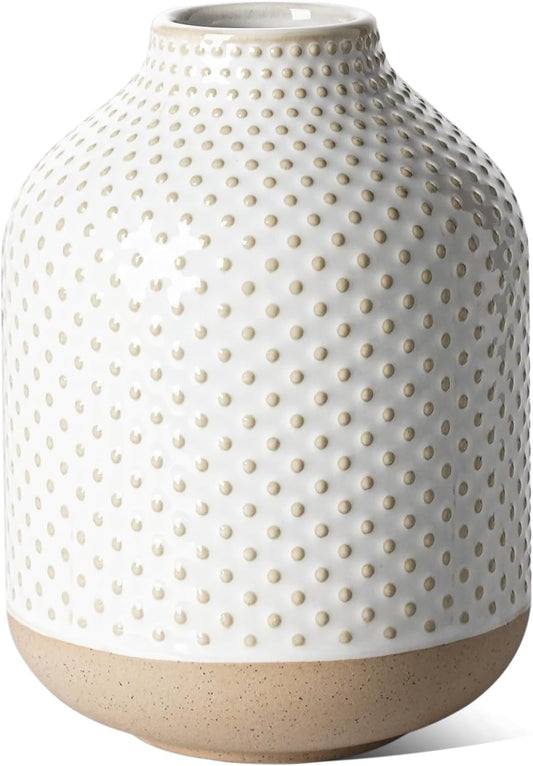 Boho Flower Vase - 5.3 Inch Ceramic White Vase for Pampas Grass, Eucalyptus & Bouquets, Small Home Decor Vases with Dot Embossment, Rustic Farmhouse Centerpiece
