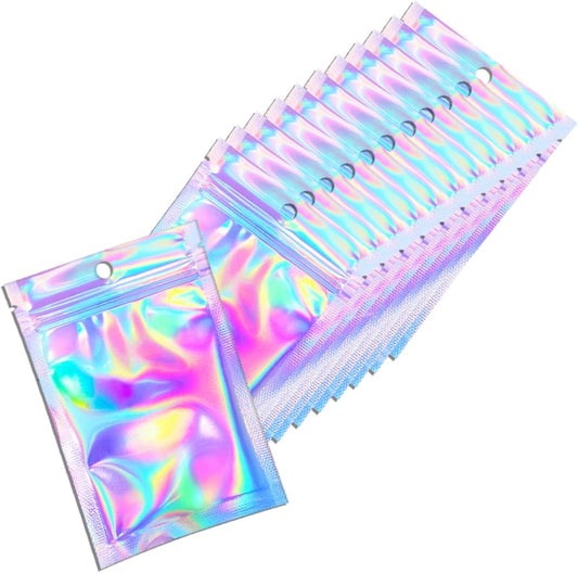 100 Pcs Holographic Resealable Packaging Bags for Small Business Supplies, Cute Small Color Smell Proof Foil Pouch Plastic Baggies for Lip Gloss Soap Party Food Storage (4x6 inch)