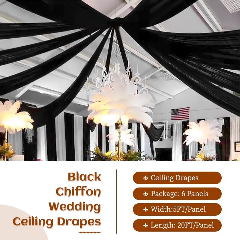 6 Panels Black Ceiling Drapes 5ftx20ft Wedding Chiffon Fabric Arch Draping Sheer Curtains Soft Drapery for Party Ceremony Stage Swag Decorations
