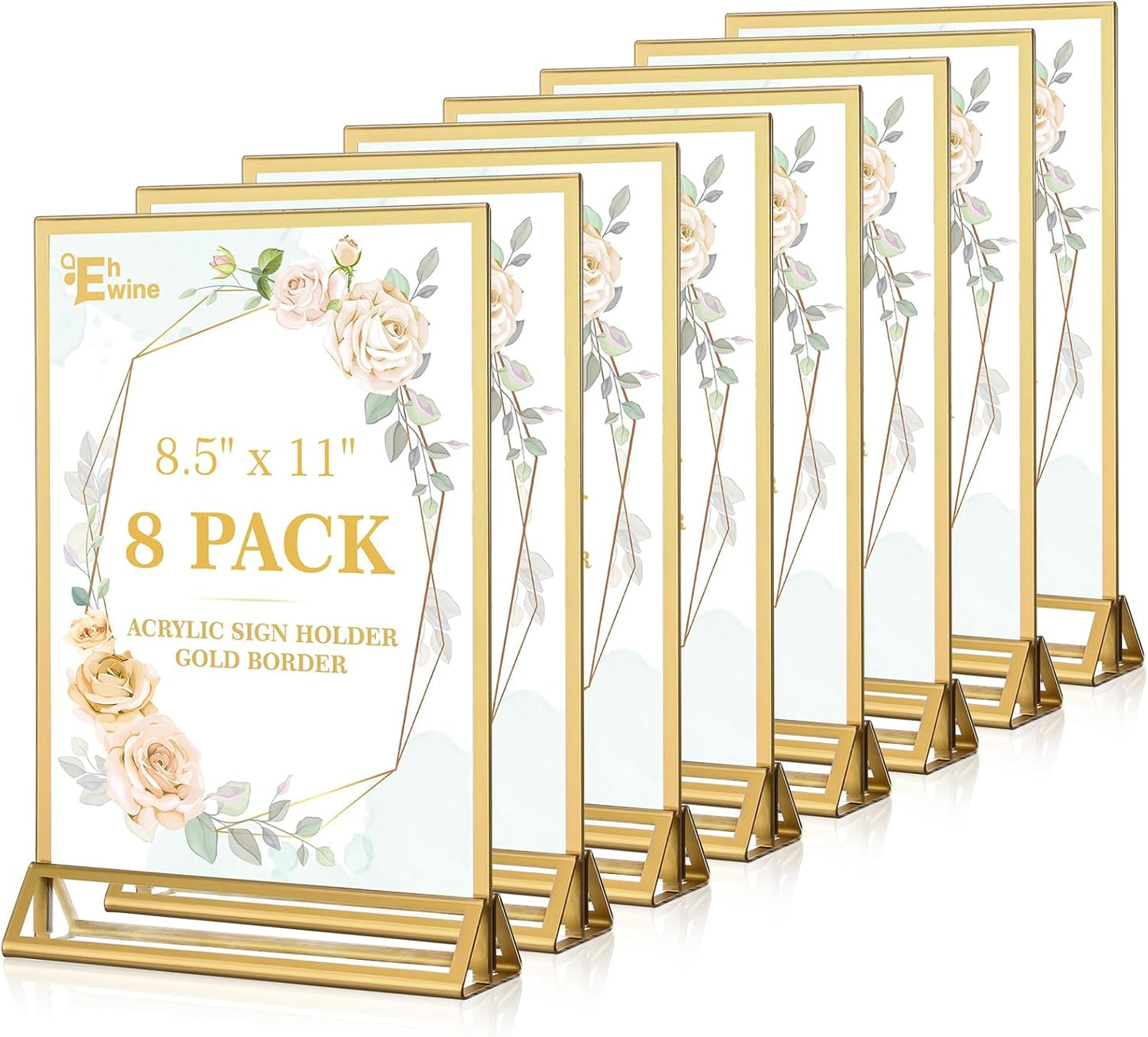 EHWINE 8 Pack Acrylic Sign Holder 8.5 x 11, Double Sided Gold Picture Frame Stand up Table Top Sign Holders, Clear Display Stand Menu Flyer Holder for Wedding Party (Provide Non-slip Mats)