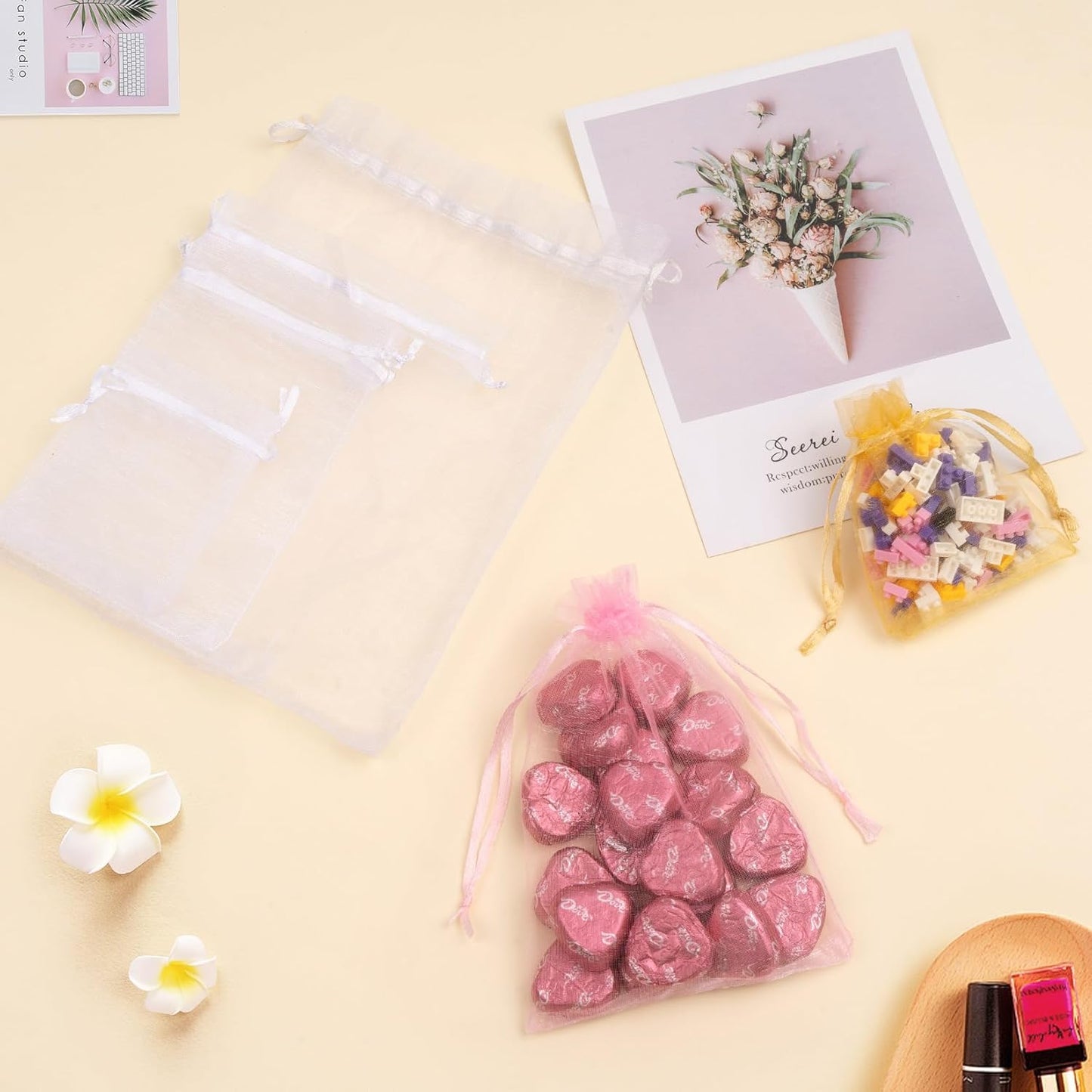 50 Pcs White Organza Bags 4x6 Inch Small Mesh Bags Drawstring Small Gift Bags Goodie Bags for Jewelry Candy Party Favor
