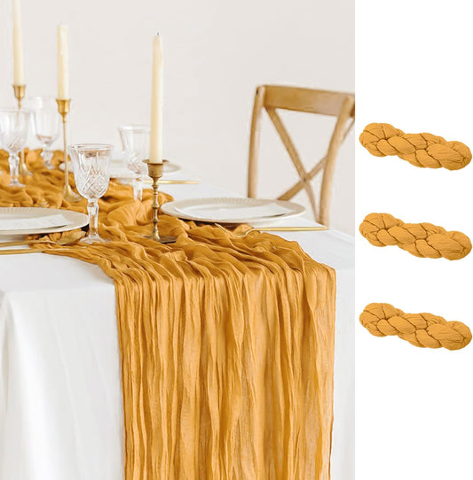 3 Pack Gold Cheesecloth Table Runner Fall Thanksgiving 35x120 Inch Yellow Cheese Cloth Runner 10FT Boho Rustic Gauze Table Runner for Wedding Baby Shower Birthday Party Decor