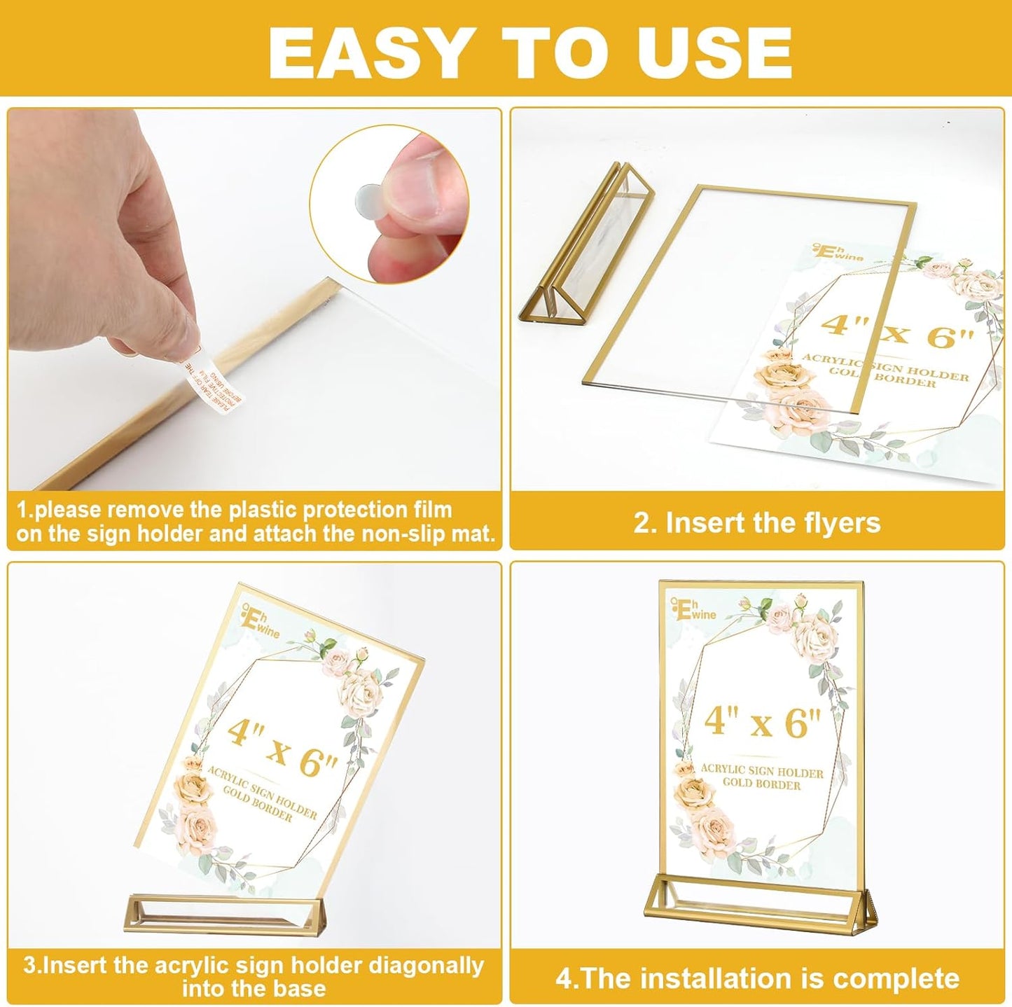 EHWINE 24 Pack Acrylic Sign Holder 4 x 6, Double Sided Gold Picture Frame Stand up Table Top Sign Holders, Clear Display Stand Menu Flyer Holder for Wedding Party