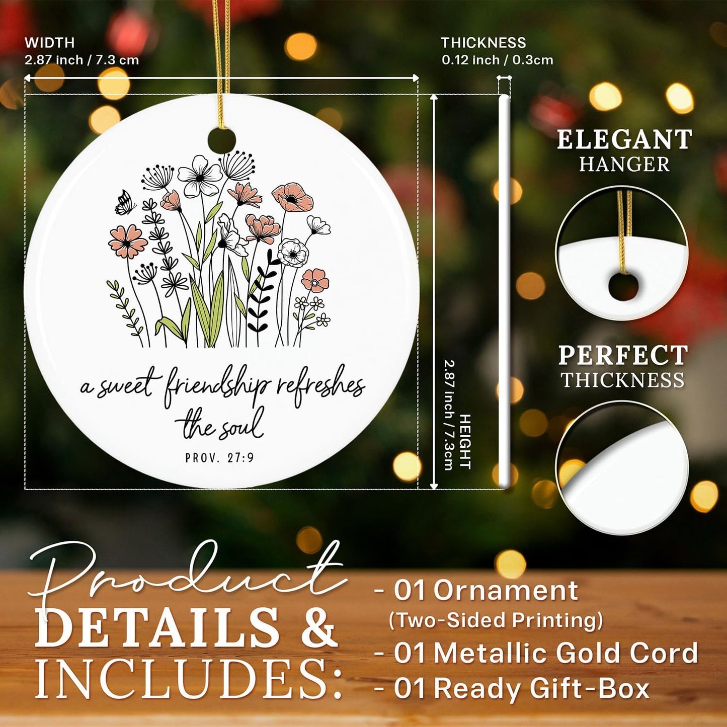 HEXMOZ Friend Ornament - Christian Friendship Gifts for Women, Best Friend Religious, Inspirational Bible Verse Proverbs 27:9 - A Sweet Friendship Refreshes The Soul Scripture - Christmas Ornament