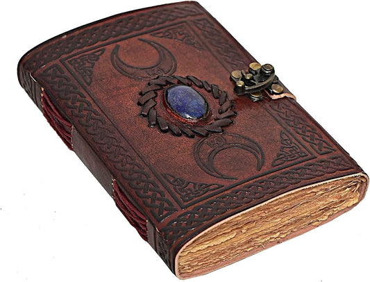 cuero 3 Moon Blue Lapiz Embossed Vintage Leather Journal | 240 Pages of Antique Handmade Deckle Edge Vintage Paper, Leather Sketchbook, Drawing Journal, Great Gift (6 inch by 8 inch, brown)