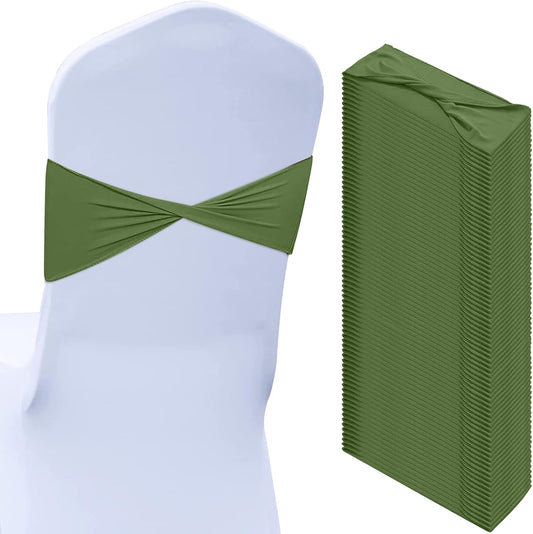Kinlop 50 Pcs Spandex Chair Sashes Bows Chair Bands Slider Sashes for Covers Elastic Bands Ties Without Buckle Decorations for Wedding Party Events Ceremony Birthday (Moss Green)