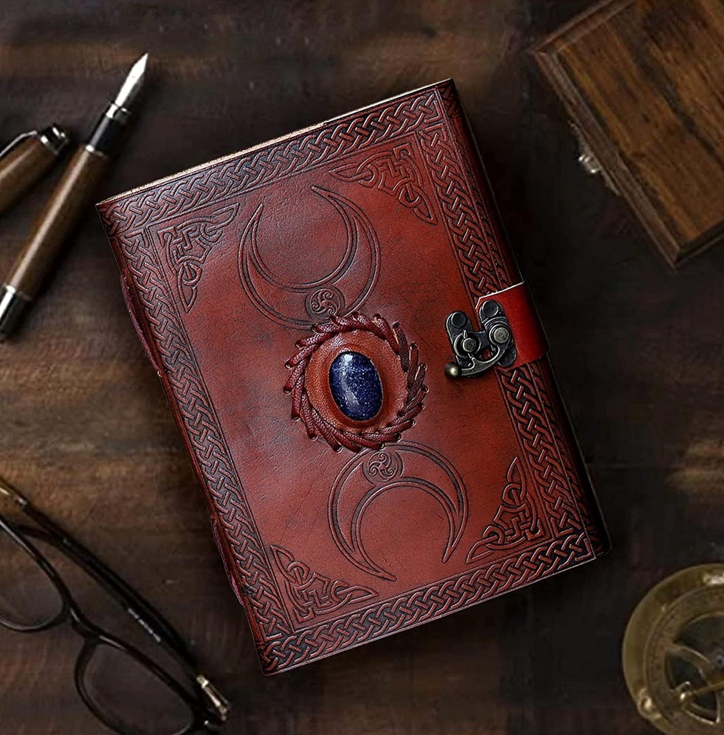 cuero 3 Moon Blue Lapiz Embossed Vintage Leather Journal for Men & Women - 140 Pages, Antique Handmade Deckle Edge Vintage Paper, Leather Journal Writing Notebook Dairy Gift (7 inch by 10 inch, Brown)