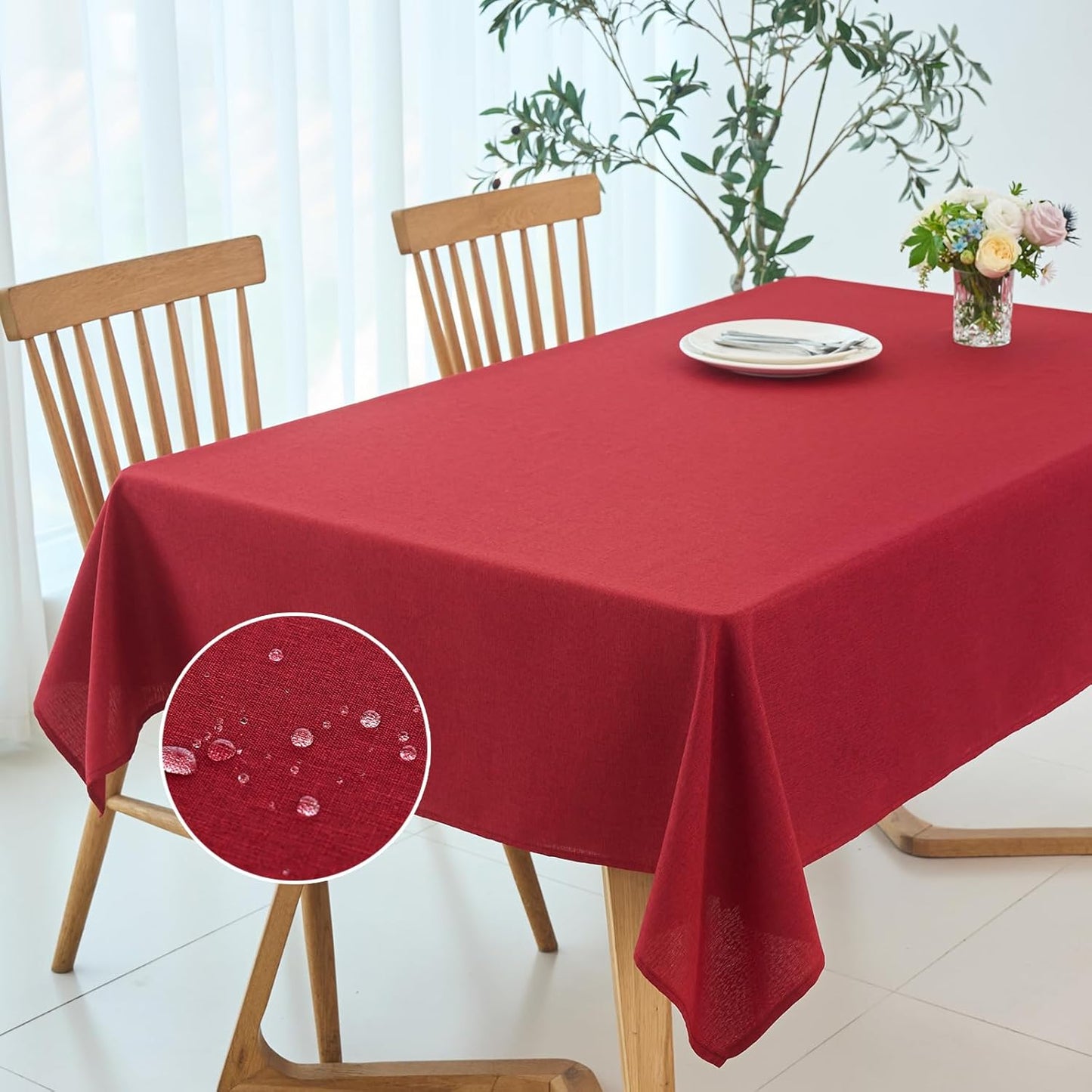 maxmill Linen Texture Tablecloth Stain Resistant Waterproof Wrinkle Free Spillproof Washable Slubby Texture Christmas Table Cloth for Dining Room, Holiday Party Dinner, Rectangle 60 x 140 Inch, Red