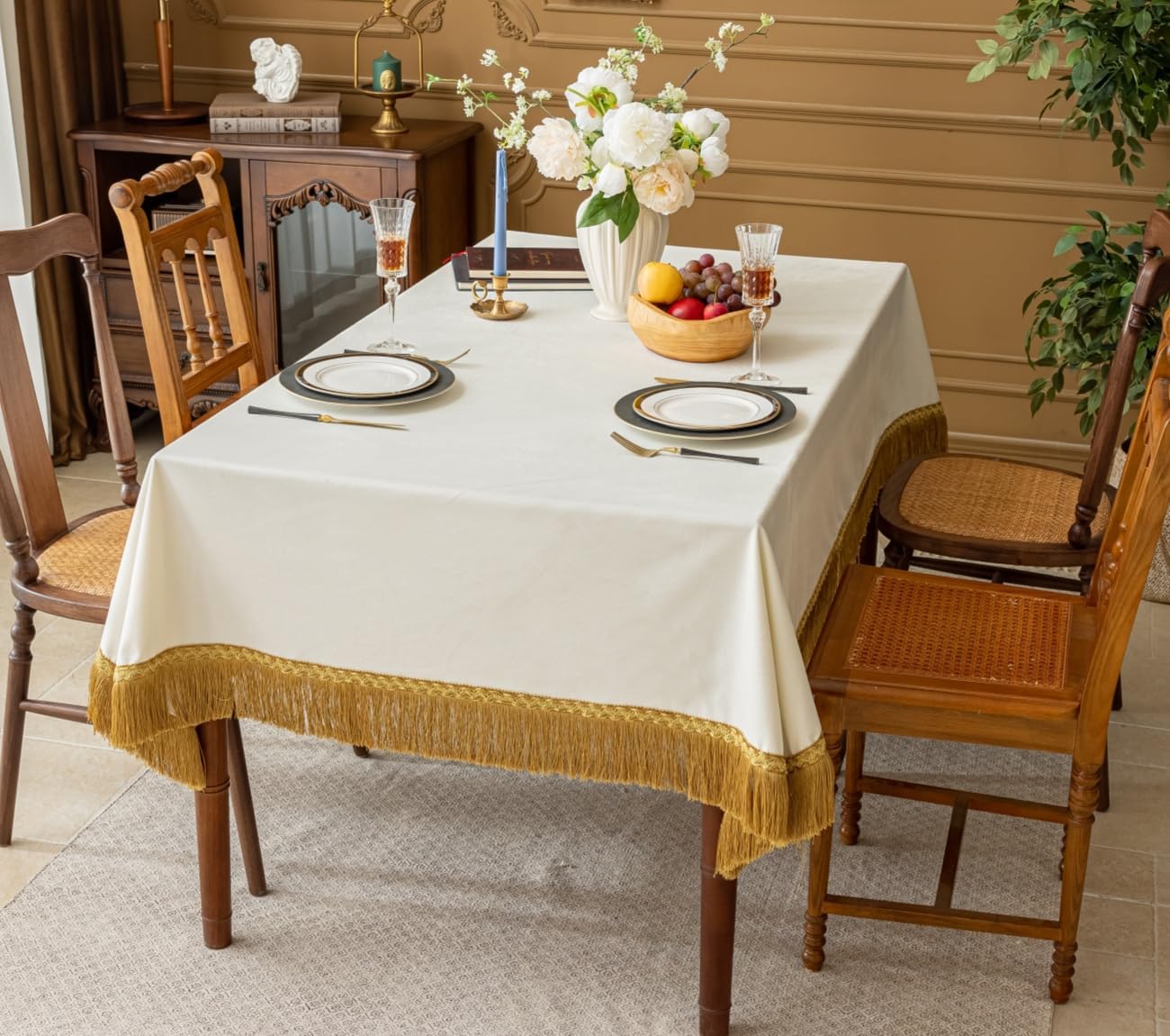 F-CHU White Tablecloth Thickset Velvet Tablecloth with Beautiful Gold Tassels Vintage Table Cloth for Home Decor Wedding, Party, Banquet and Events 60x120-Inch