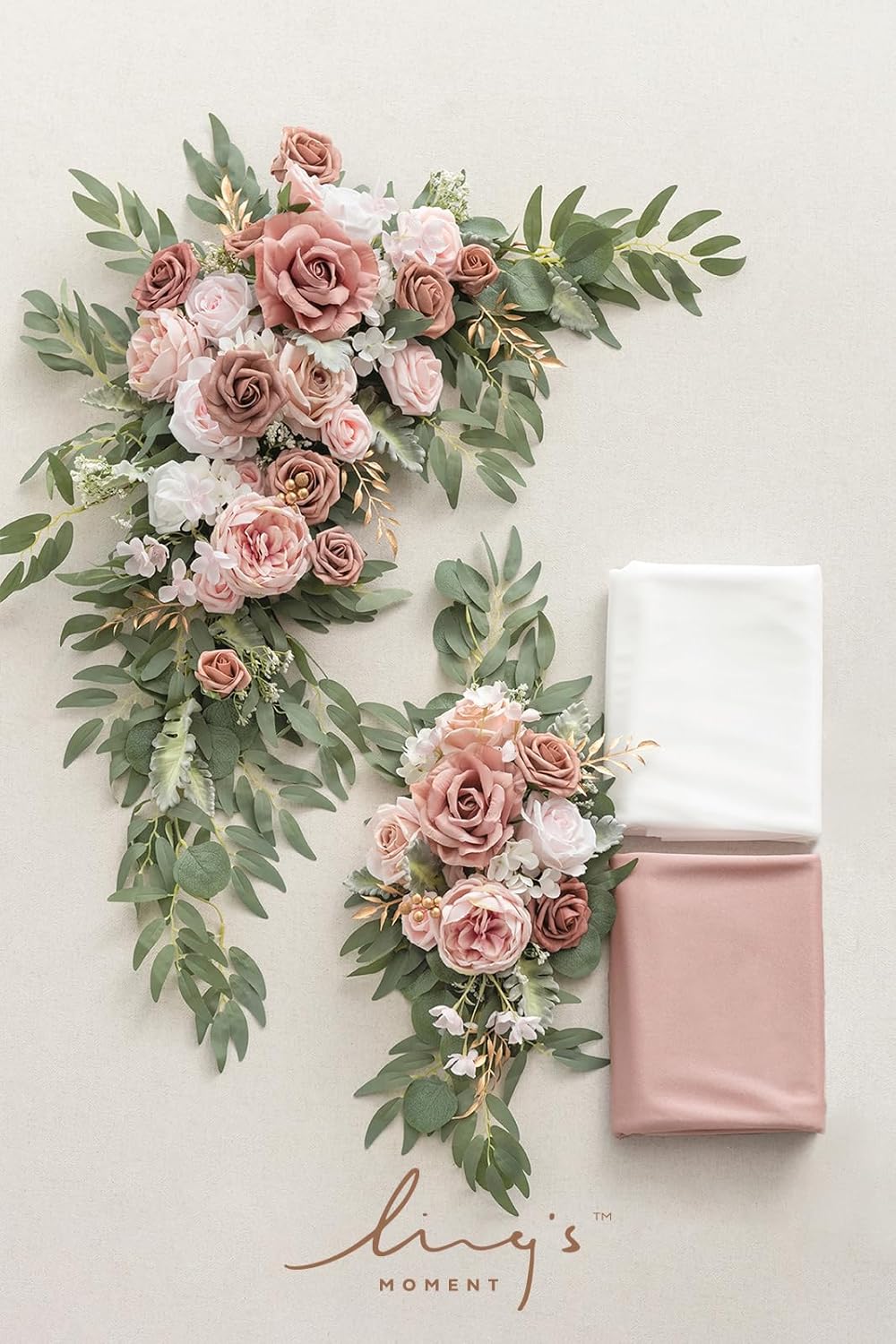 Ling's Moment Pink Artificial Wedding Arch Flowers Kit Pack of 4, 2pcs Hanging Flower Arrangement 2pcs Chiffon Drapes Ceremony Reception Spring Silk Rose Arbor Backdrop Floral Garden Outdoor Decor