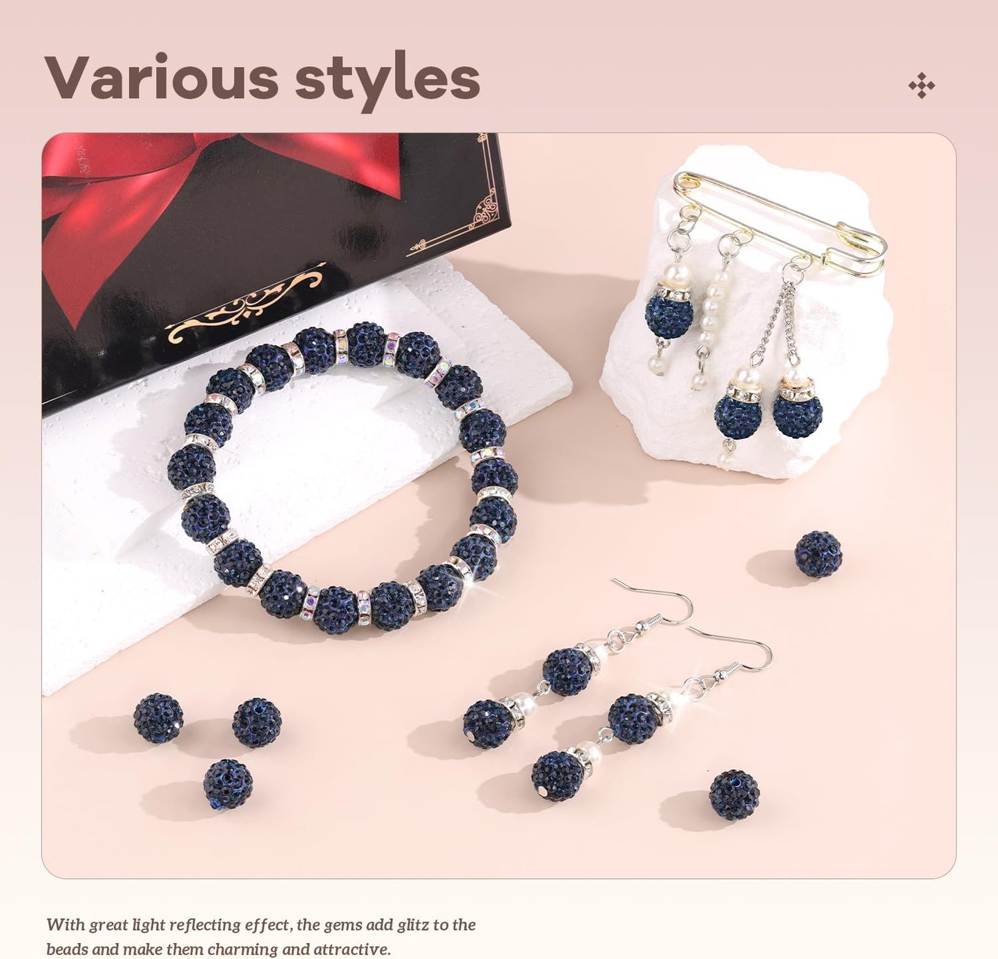 200pcs 10mm Rhinestone Beads for Jewelry Making, Blue Black Shiny Round Disco Ball Beads Bulk, Sparkle Crystal Clay Christmas for Bracelet Baseball Necklace Earring Crafting and DIY