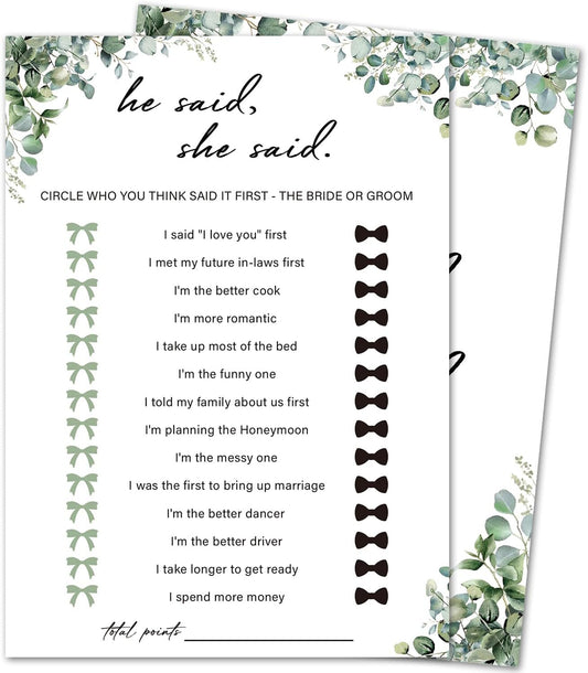 Eucalyptus Bridal Shower Game Cards - He Said She Said, Wedding Engagement Bachelorette Party Bridal Shower Games for 30 Guests, Double Sided Cards Set of 30, Activity Supplies & Favor/A01
