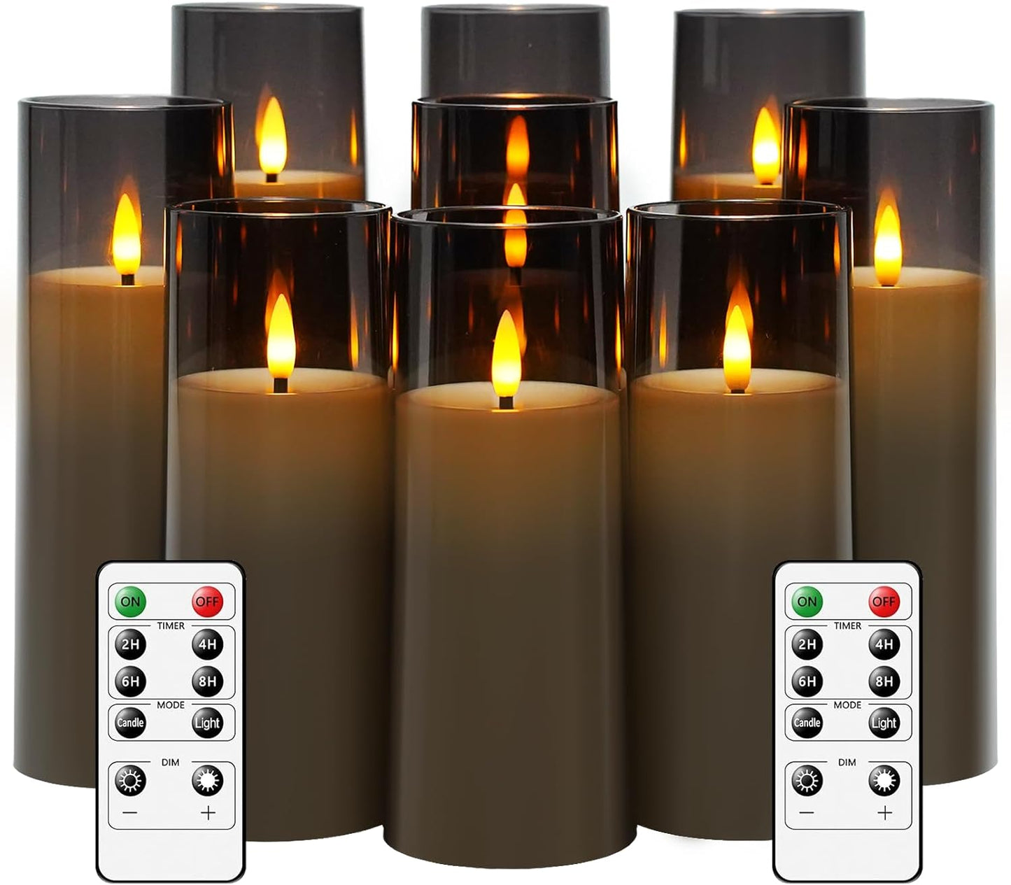 Flickering Flameless Candles Battery Operated with Remote and 2/4/6/8 H Timer Plexiglass Led Pillar Candles Pack of 9 (D2.3 xH 6" 7" 8") with Realistic Moving Wick Candles for Home Decor(Grey)