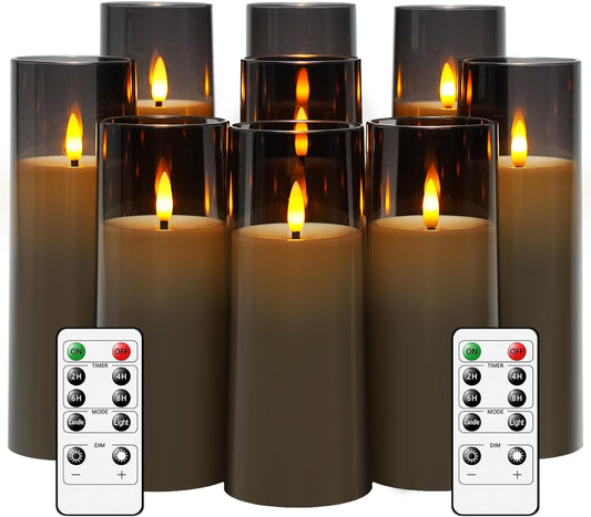 Flickering Flameless Candles Battery Operated with Remote and 2/4/6/8 H Timer Plexiglass Led Pillar Candles Pack of 9 (D2.3 xH 6" 7" 8") with Realistic Moving Wick Candles for Home Decor(Grey)