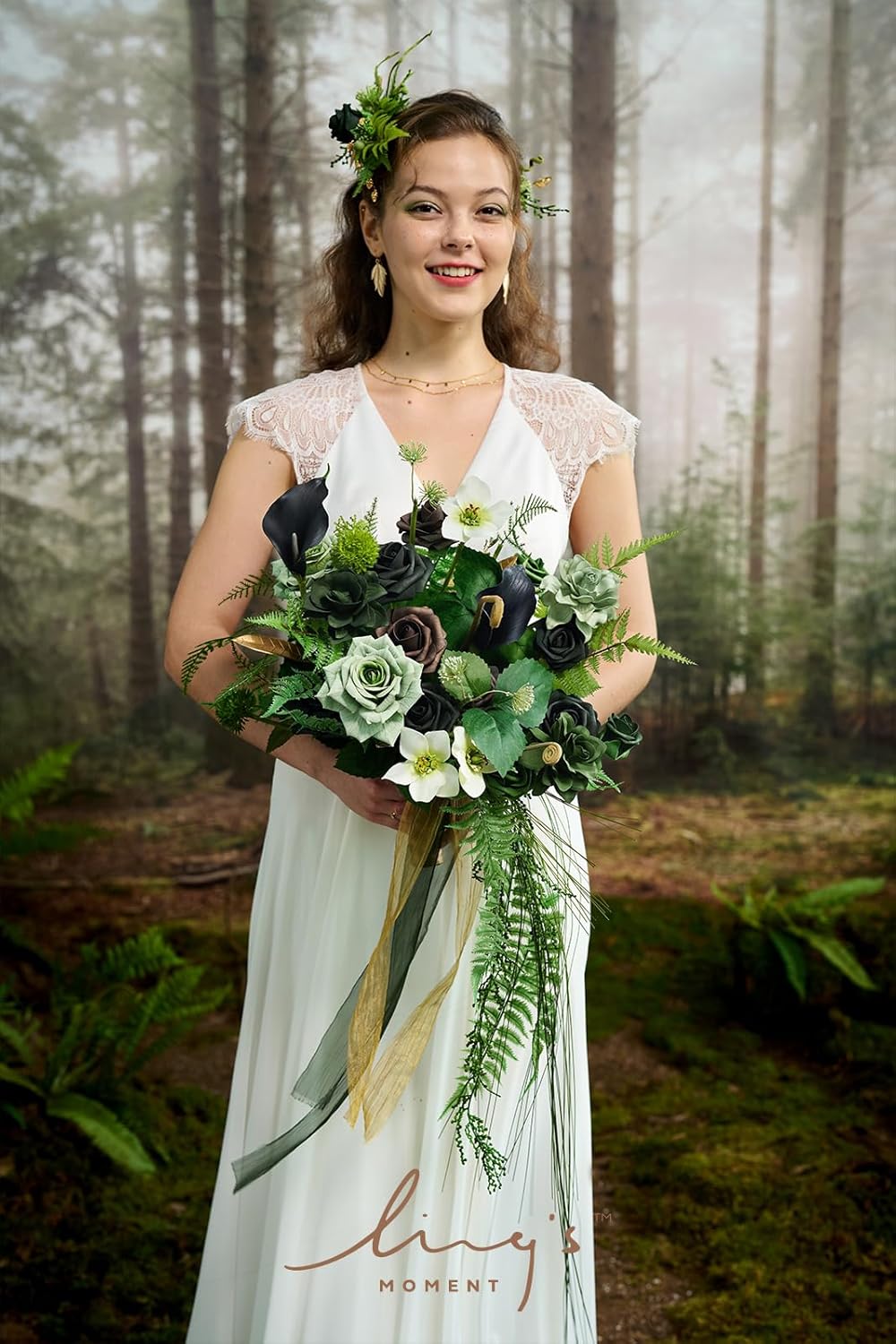Ling's moment Forest Green Bridal Bouquet Cascading, Emerald Green Wedding Bouquets for Bride, 13 Inch Bride Bouquets for Wedding Artificial Flowers Bouquets