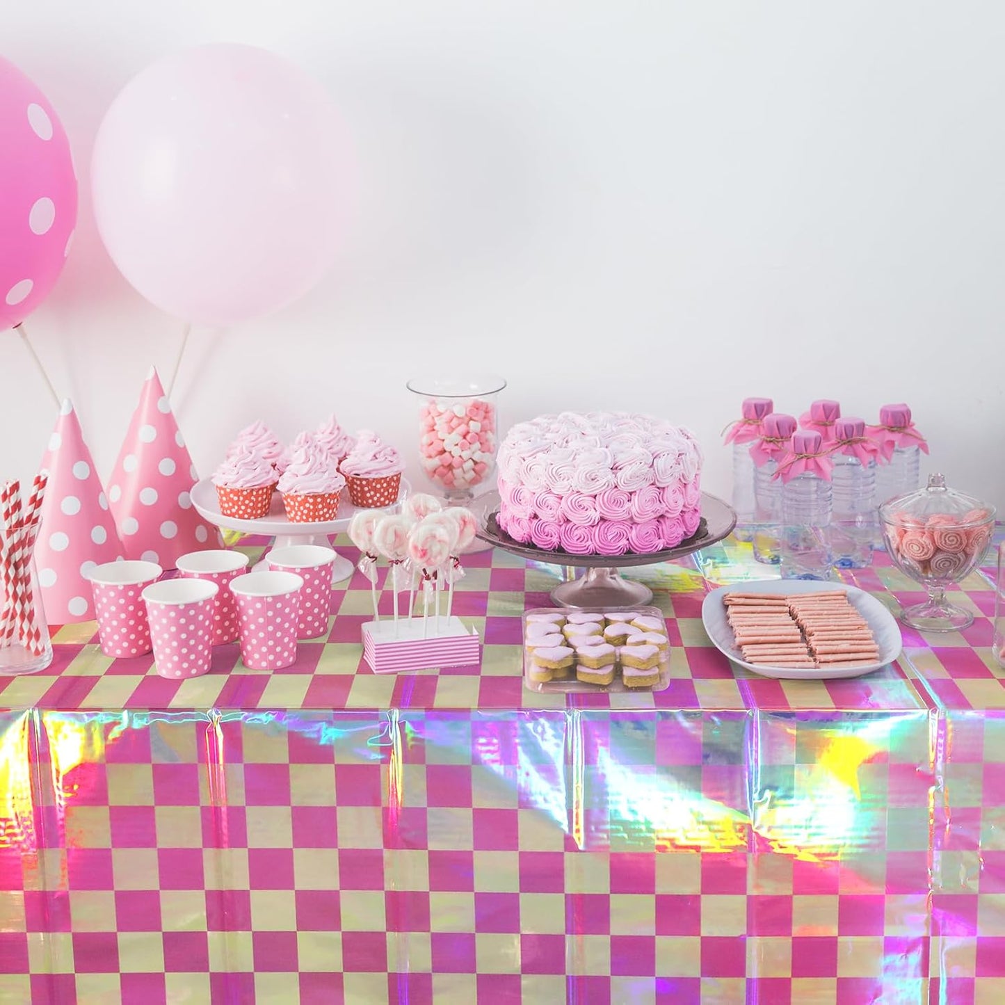6 Pack Pink and Iridescent Checkered Plastic Tablecloth, Shiny Disposable Laser Rectangle Table Covers, Holographic Foil Tablecloth Iridescent Party Decorations for Picnic Camping Outdoor, 54x108Inch