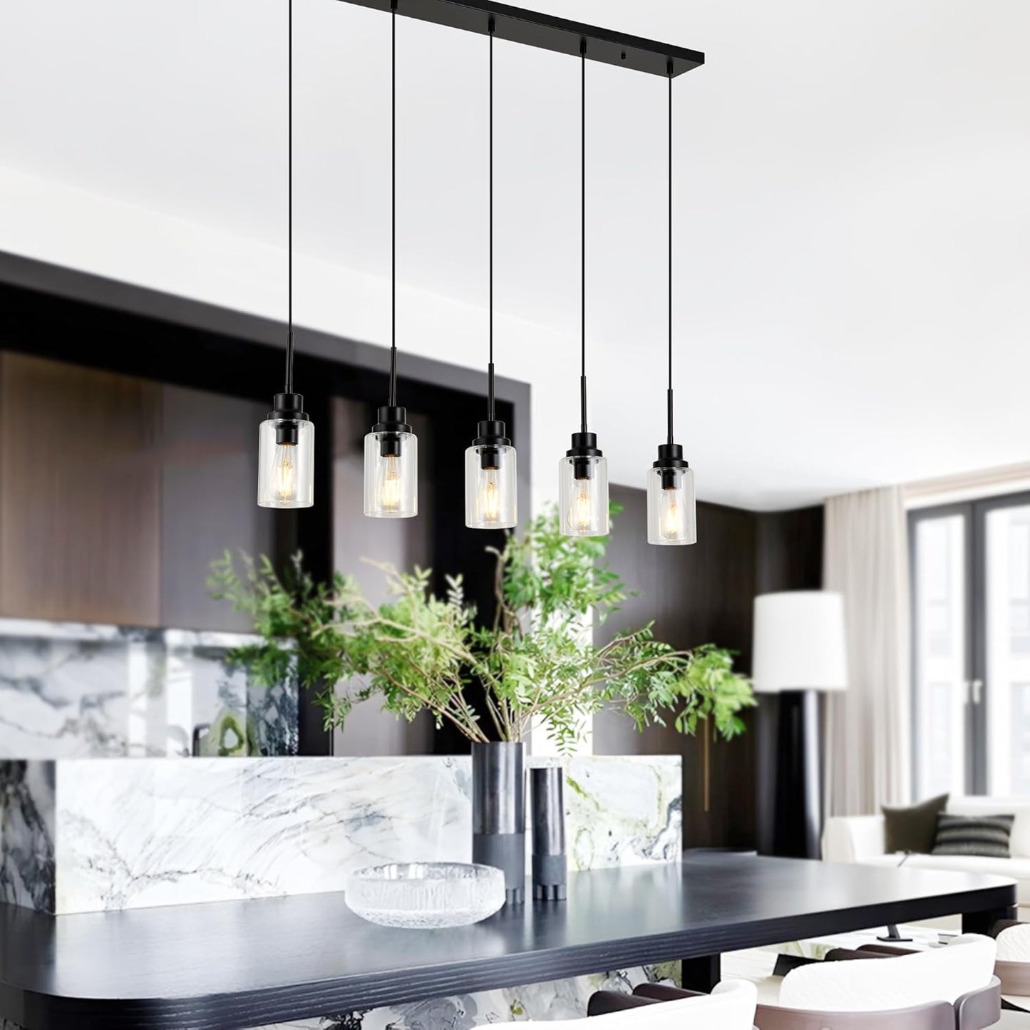 Black Dimmable Pendant Lighting for Kitchen Island, 5-Light Modern Pendant Lights for Kitchen Restaurant Living Room with Clear Glass Shade