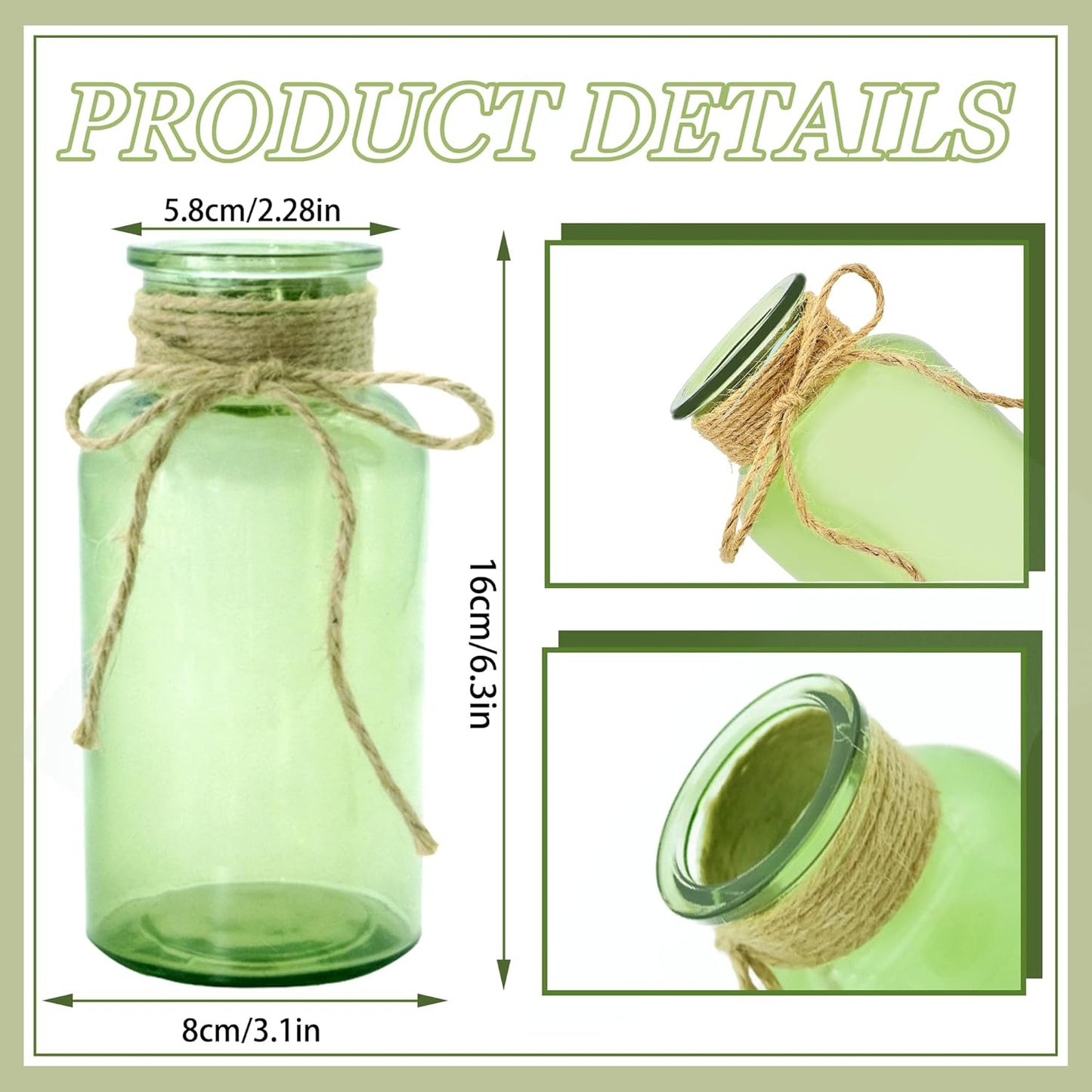 Vintage Glass Flower Vase，6 Pack Green Farmhouse Glass Centerpiece Vases Mason Jars for Weddings, Parties & Home Decor Bulk (6,Green)