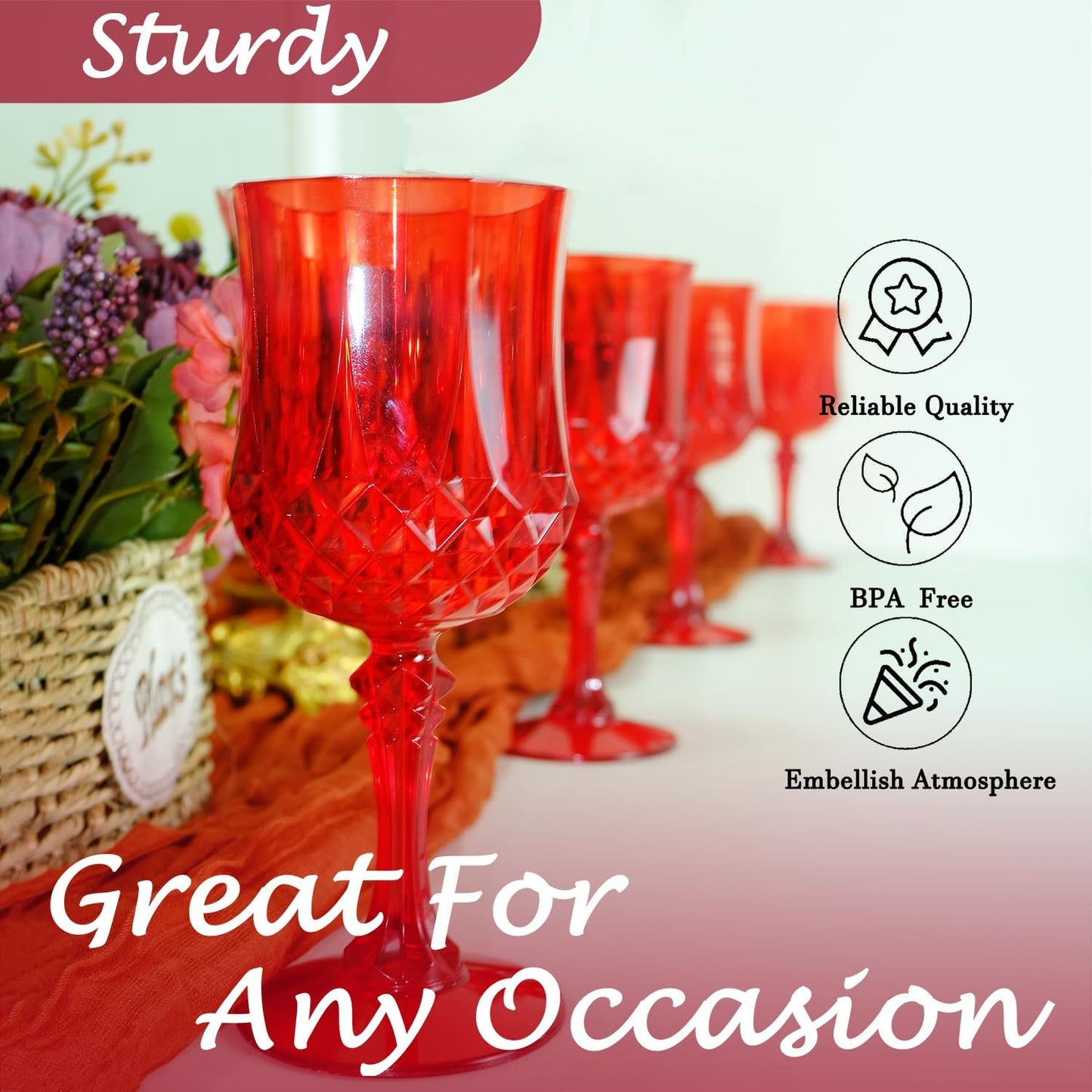 Plastic Wine Glasses，Plastic Goblets Vintage Style Cordial Drinking Glasses for Wedding Reception, Christmas Grand Event Party Supplies (12, Red)