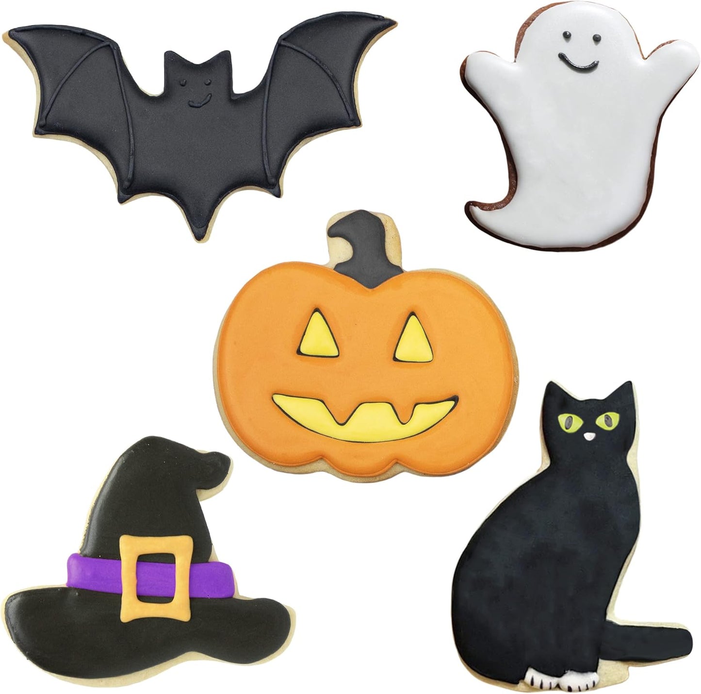 Halloween Cookie Cutters Premium 5-Pc. Set Made in USA by Ann Clark, Pumpkin, Ghost, Bat, Black Cat, Witch Hat