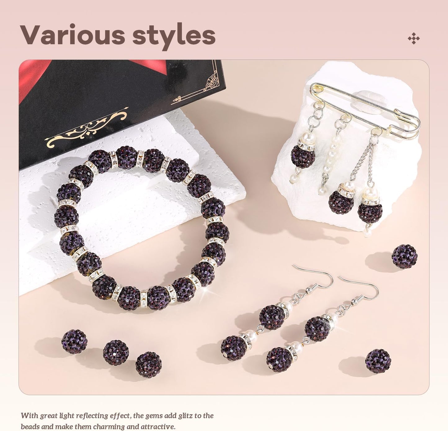 200pcs 10mm Rhinestone Beads for Jewelry Making, Dark Purple Shiny Round Disco Ball Beads Bulk, Sparkle Crystal Clay Christmas for Bracelet Baseball Necklace Earring Crafting and DIY