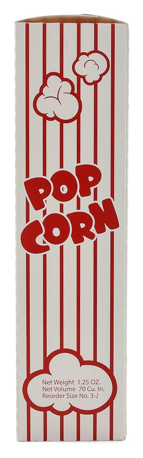 Snappy 3J Red & White Striped Close Top Popcorn Boxes for Movie Night Supplies, Popcorn Boxes Bulk 100 Count, Movie Night Popcorn Boxes 1.25 oz. Capacity, 4.625” x 2” x 7.5” Popcorn Containers