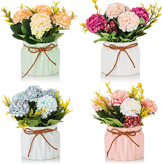 BLOSMON Fake Flowers in Vase for Centerpieces: 4 PCS 5.9 Inch Small Artificial Hydrangea with Vase Table Decor - Faux Floral Arrangements Desk Home Party Bathroom Office Decorations