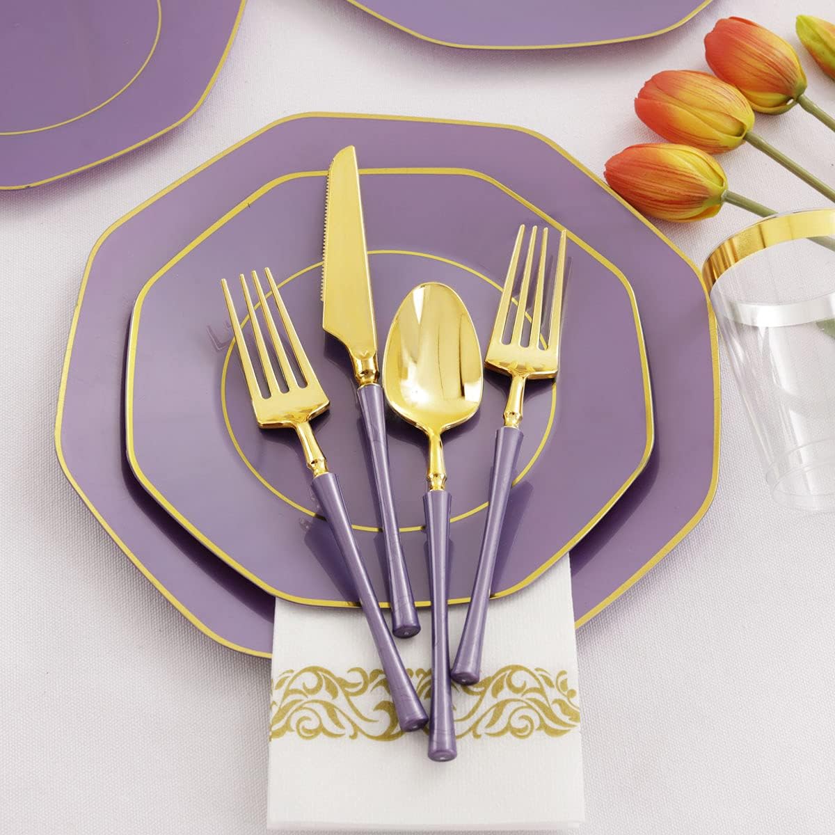 KIRE 140Pcs Purple Plastic Plates with Gold Rim& Gold Disposable Plastic Silverware with Handle&Clear Cups&Hand Napkin- Geometric Purple Plastic Plates for Parties & Mardi Gras plates