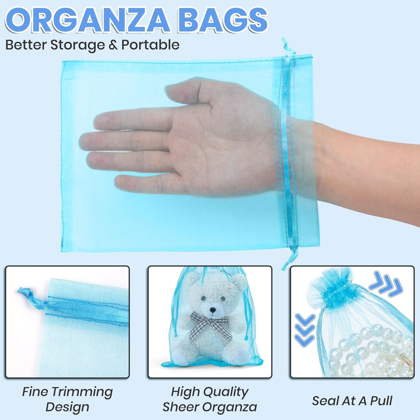 ANZNKU 50 Pack Organza Bags 6x9 Inch, Mesh Bag Drawstring Large Organza Gift Bags for Baby Shower, Party Favors(Lake Blue)