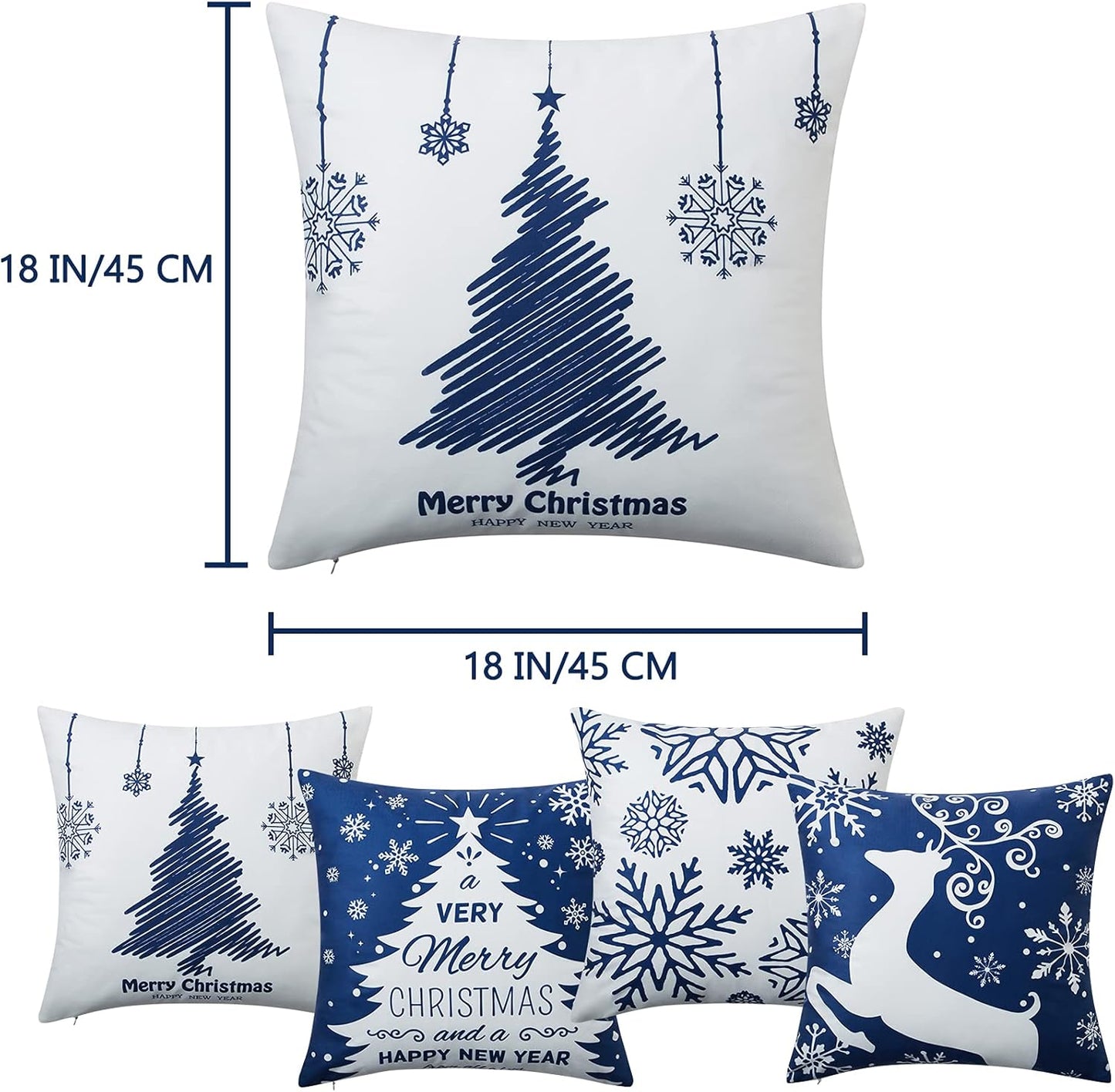NANAN Christmas Pillow Covers 18X18 Inch Set of 4 Navy Blue Christmas Pillow Cases Snowflake Merry Christmas Holiday Pillowcases Xmas Trees Elk Deer Decorative