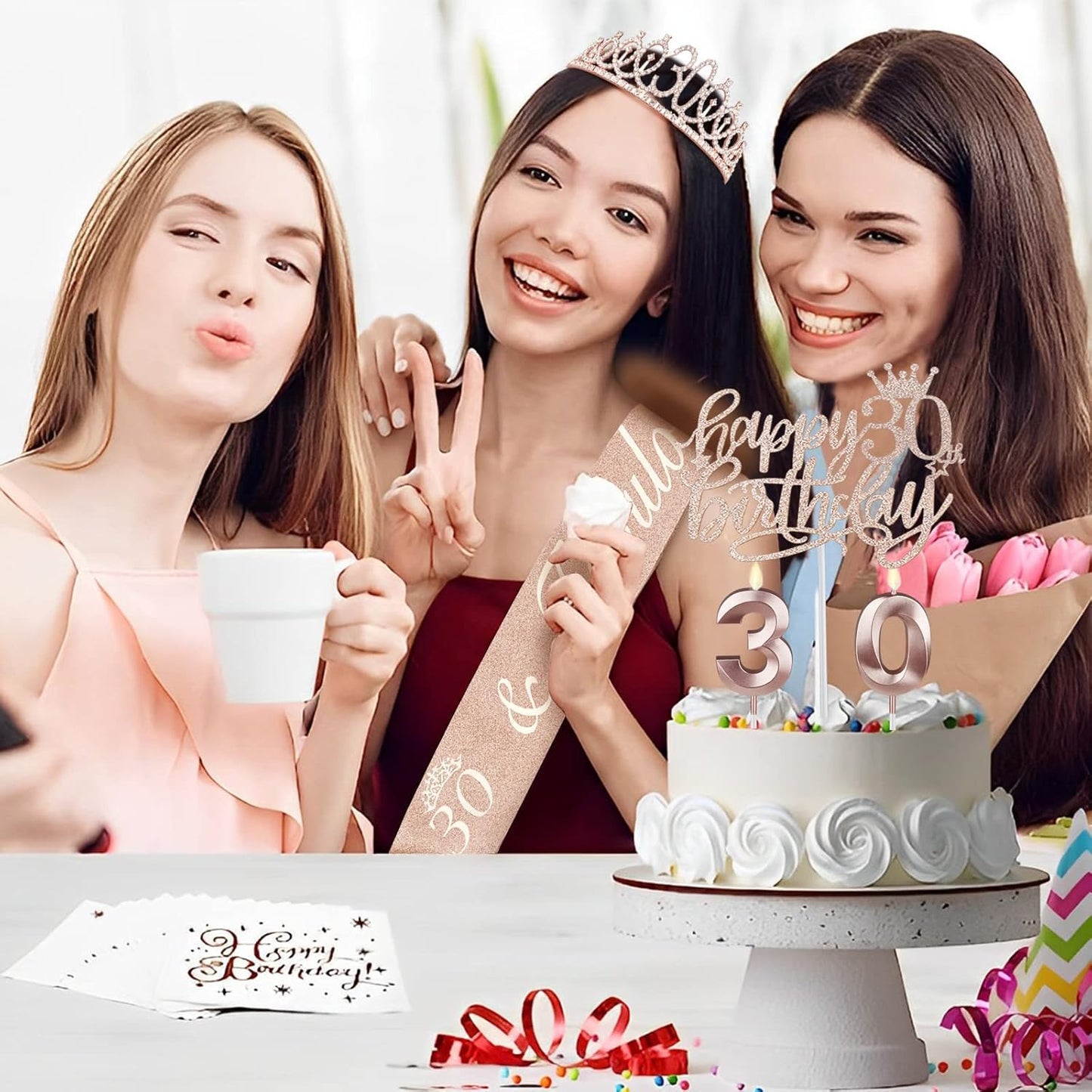 30th Birthday Decorations for Her, Including Sash, Crown/Tiara, Candles, Cake Topper, 30th Birthday Gifts for Her