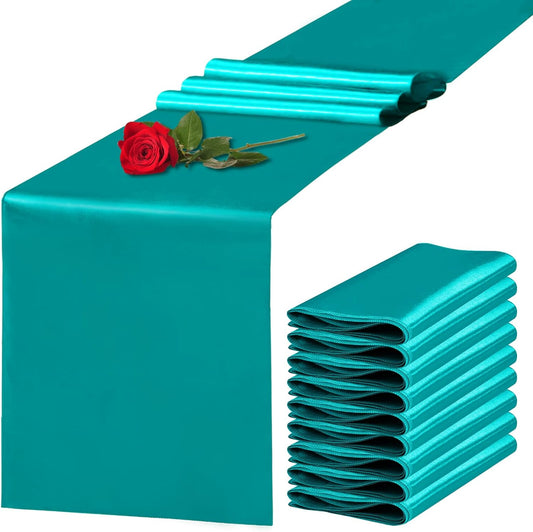 10 Pack Satin Table Runner 12 x 108 Inch Long Peacock Blue Silk Table Runner for Wedding Party Banquet Birthday Decoration