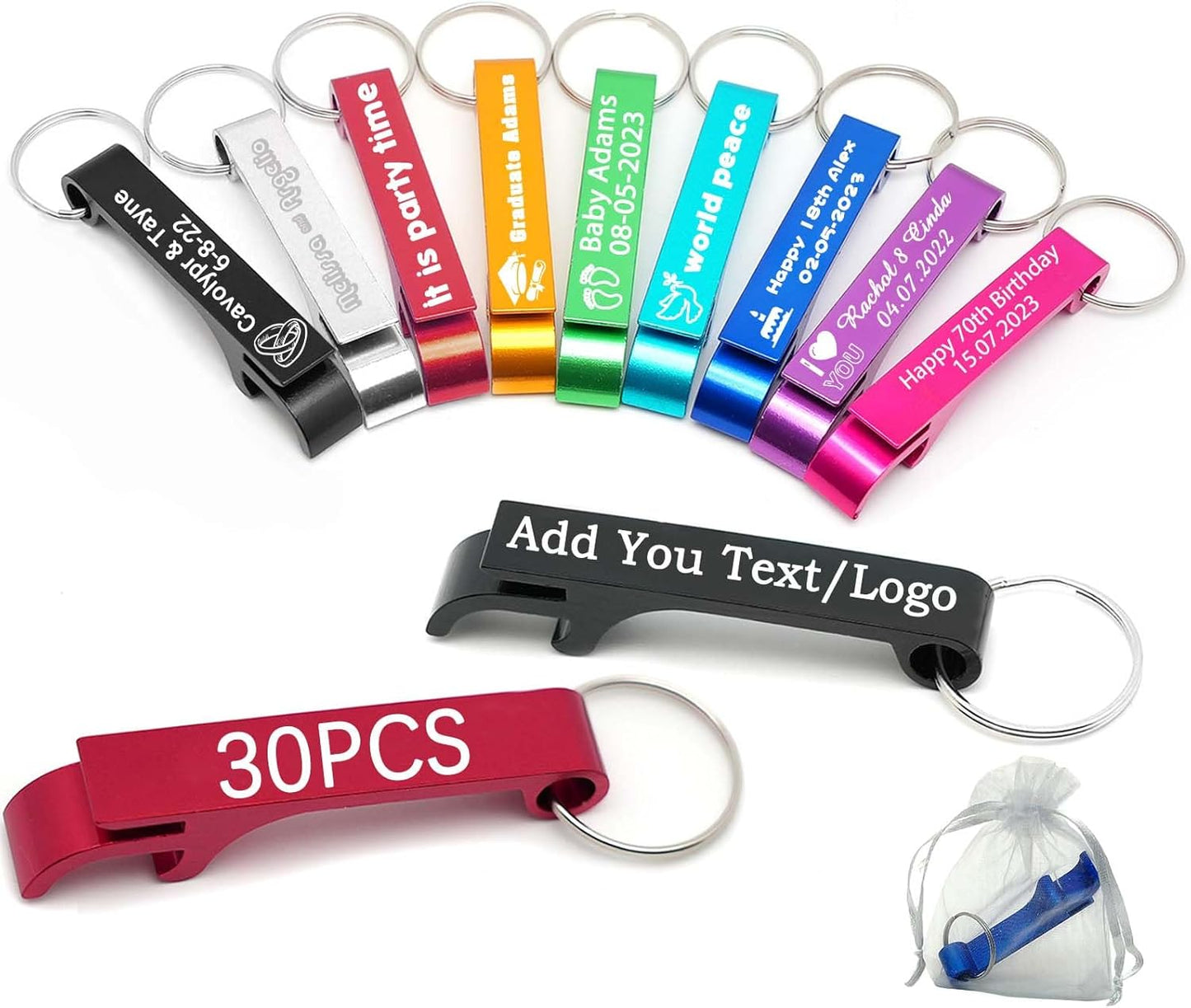 30pcs Personalized Bottle Opener Keychain Bulk Custom Engraved Text/Logo Keychains Customized Beer Bottle Opener for Bar, Graduation,Party,Wedding Favors Gift (30pcs)