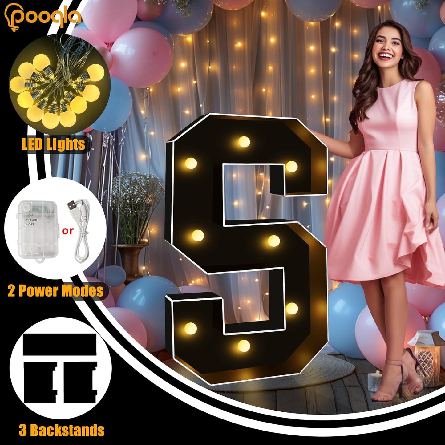 Pooqla 3FT Marquee Light Up Letters, Black LED Party Decor Large Marquee Letters 3 Feet Tall, Giant Mosaic Letter for Birthday Graduation Anniversary Wedding Decoration, Letter O