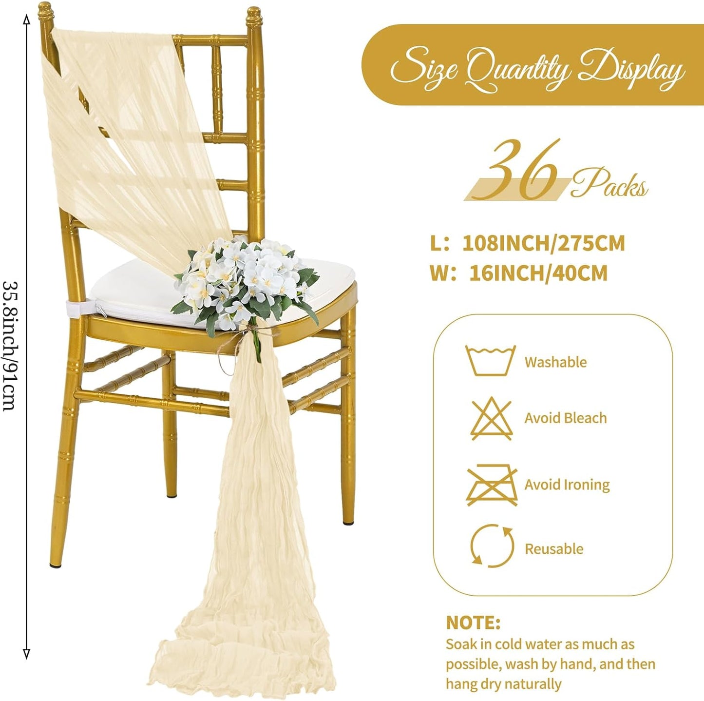 36 Pcs Ivory Cheesecloth Chair Sashes, 16 x 108 inch Gauze Fabric Washable Chair Sashes Bows Designed for Aisle Decorations Universal Chair Cover Decor for Wedding Reception Party Banquet