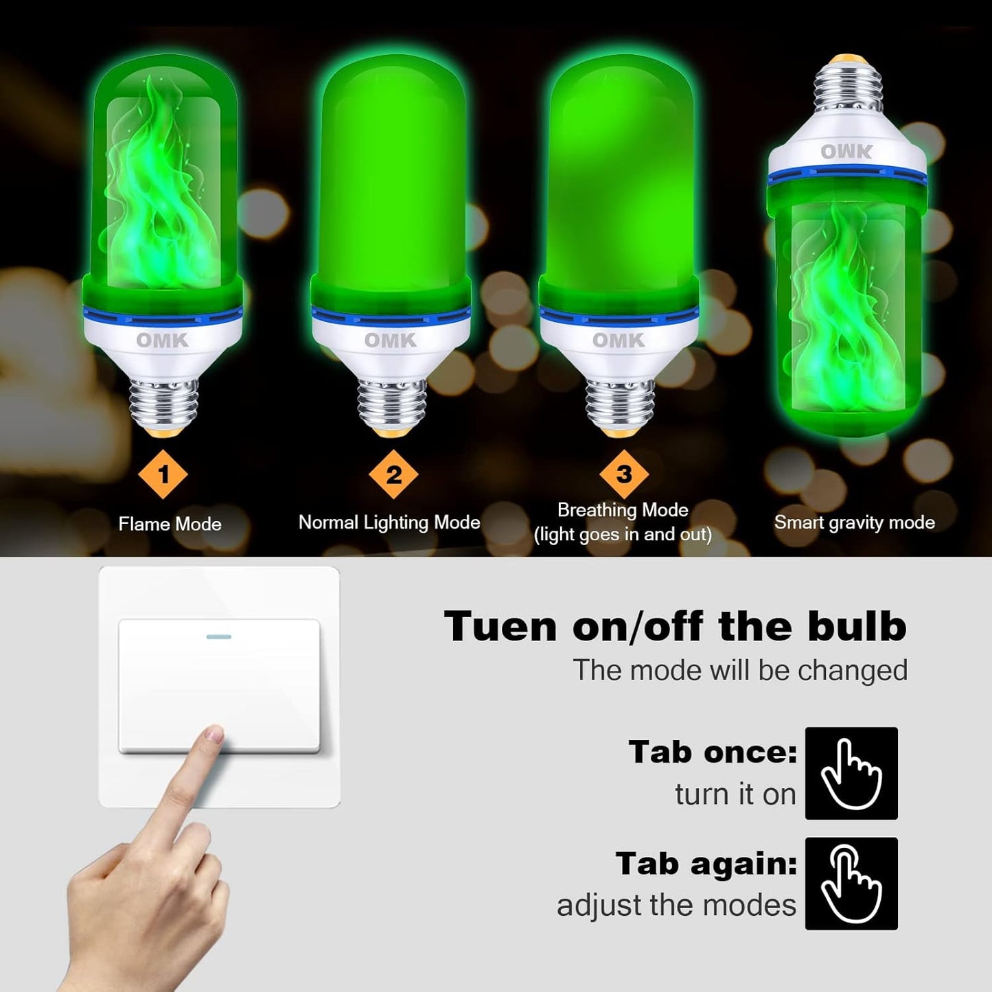 OMK 4 Pack Green Light Bulbs, Christmas Flame LED Light Bulbs Decorations Flickering/Breathing/Ligting/Gravity 4 Modes Flame Bulb for Bars Hotel Yard Porch Party Outdoor Decorative Holiday Gifts