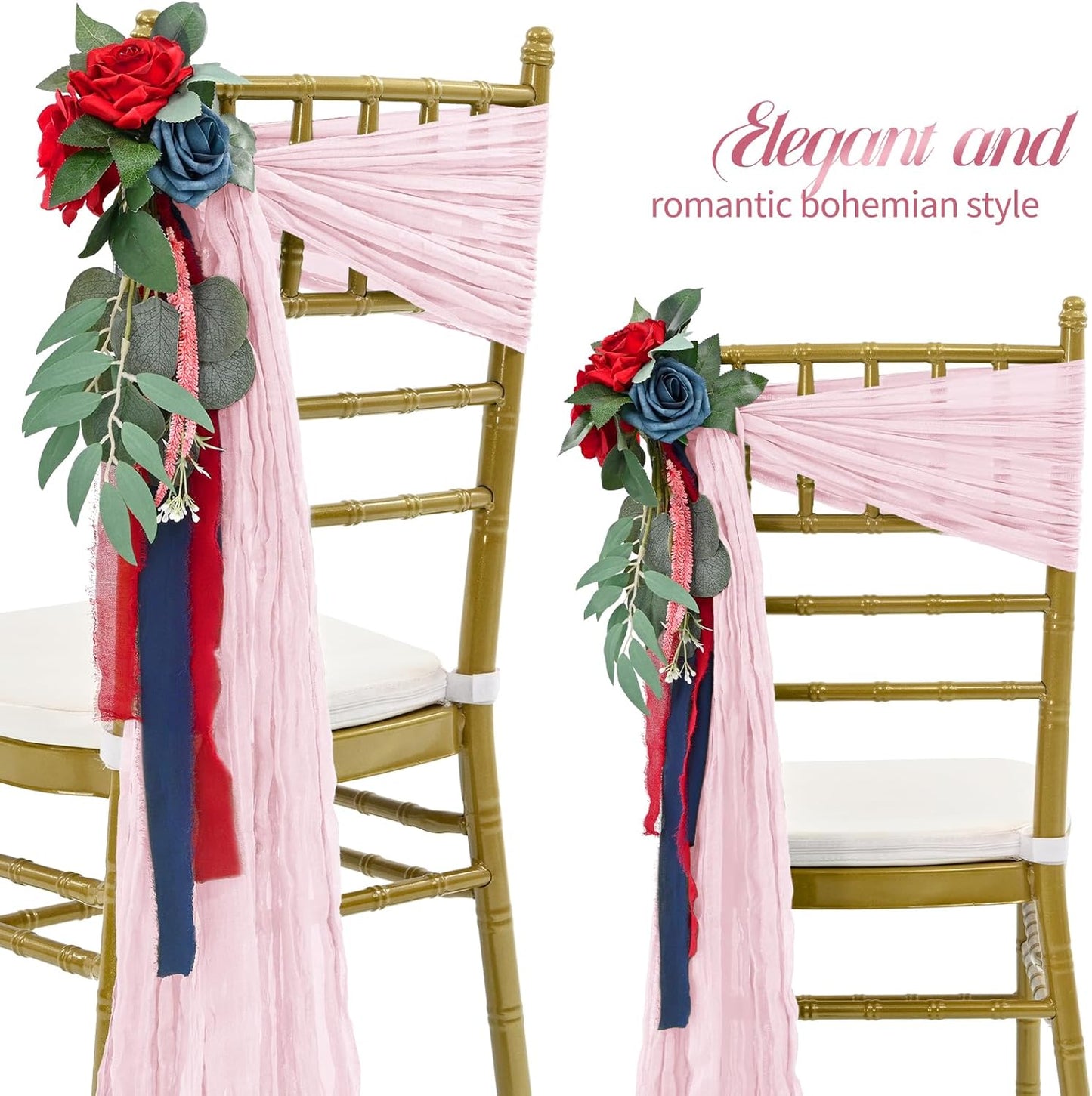 50 PCS Cheesecloth Chair Sashes Bows Wedding Aisle Decorations Chair Ribbon Ties Back Sash for Wedding Party Events Banquet Chair Cover Decoration (Light Pink)