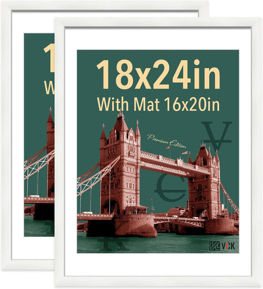 VCK 18x24 Frame 2 Pack, Exclusive Textured Solid Wood Poster Frame, Display Picture 16x20 with Mat or 18x24 without Mat, White