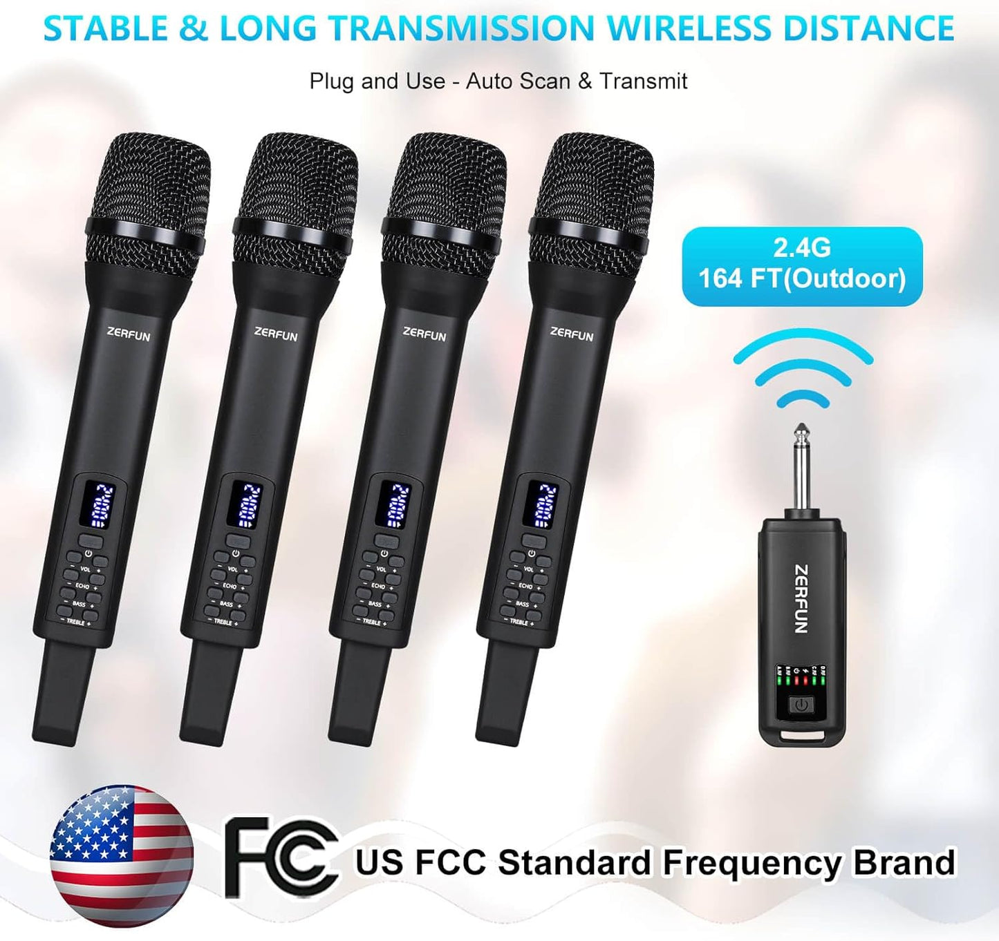Rechargeable Wireless Microphones 4, Pro Handheld Cordless Mics System Dynamic with Echo Treble BASS VOL Control for Karaoke Singing Church Party, 1/4'' Output, D240, Black