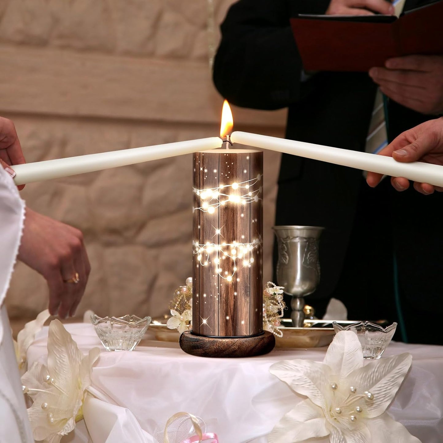 Irenare Unity Candles with Holder for Wedding Ceremony Wedding Decortions Accessories Glass Candle Holder Pillar Candle for Formal Events Church(Wood)