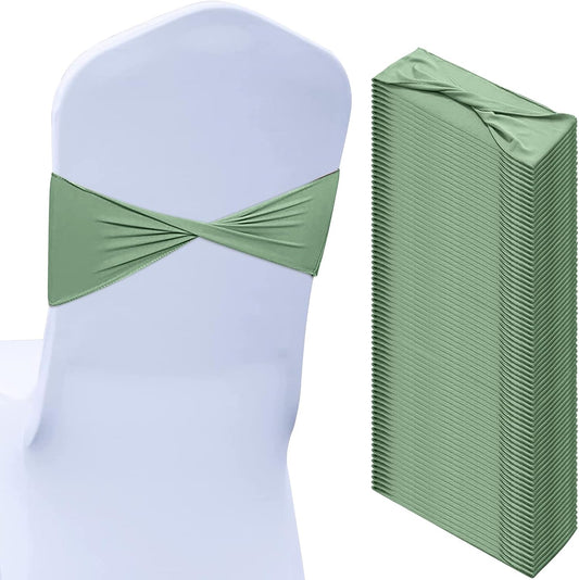 Kinlop 50 Pcs Spandex Chair Sashes Bows Chair Bands Slider Sashes for Covers Elastic Bands Ties Without Buckle Decorations for Wedding Party Events Ceremony Birthday(Sage Green)