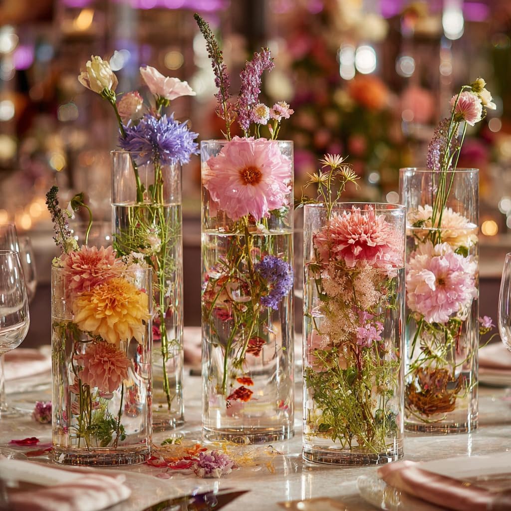 Glass Vase Cylindrical Vase for Tabletop Decoration, Candle Glass Vase, Pebble Vase for Party, Wedding, Banquet Decoration (42, 5.9+5.9+7.9+7.9+10+10+11.9inch)