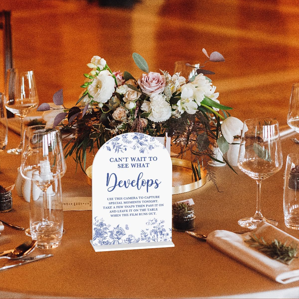 Acrylic Wedding Signs, Dusty Blue Wedding Decor, Blue Weddings Decor, Modern Calligraphy Arch Acrylic Table Top Sign for Weddings Parties Dinners - Can't Wait to See What Develops (White)