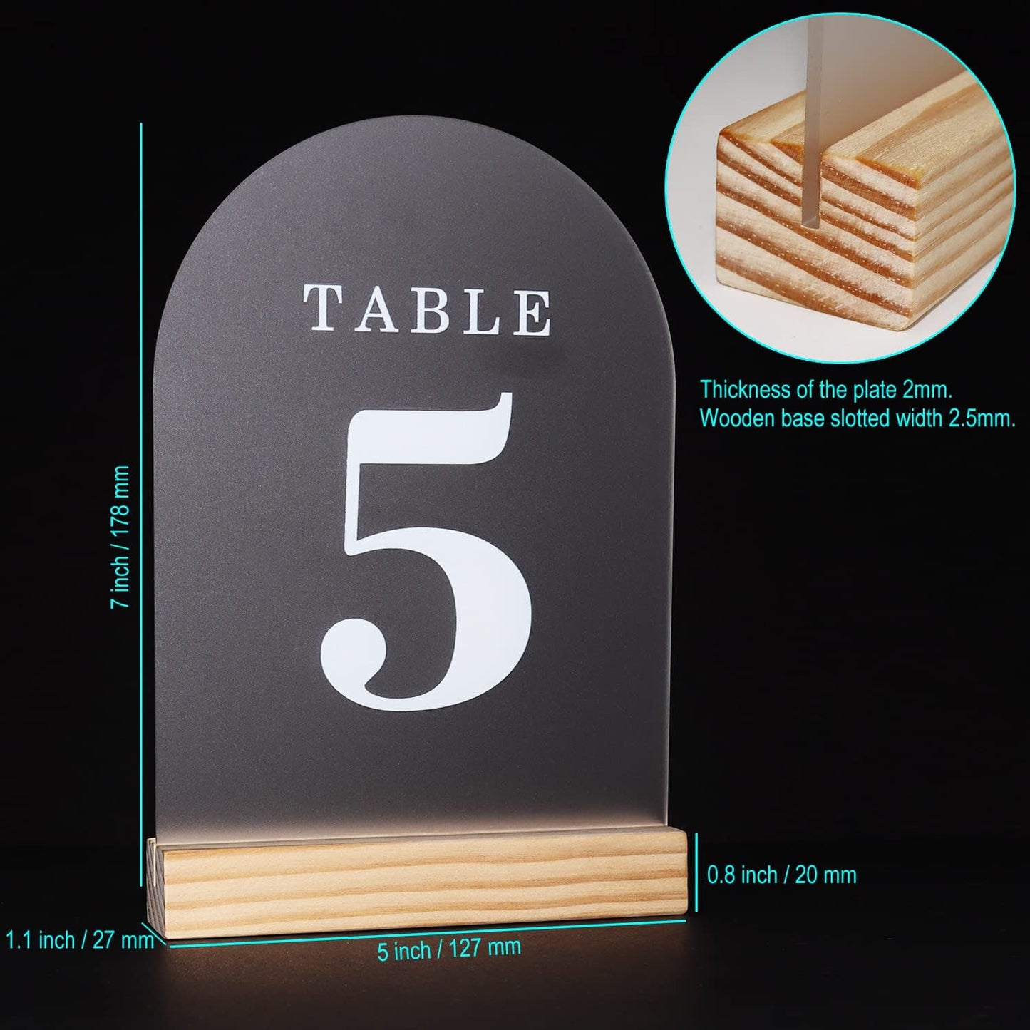 Wedding Table Numbers 1-15, Acrylic Arch Signs with Natural Wood Stands Holders, Rustic Table Decor for Reception & Parties (Frosted White)